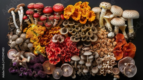Composition of fresh mushrooms diferent colors.  A Diverse Collection of Medicinal Mushrooms for Enhanced Immunity. photo