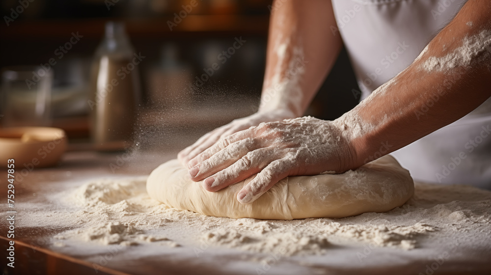 Hands of baker kneading dough isolated on black background. Bakers hands kneading dough for bread