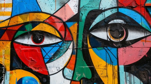 A colorful and abstract street art mural reflecting social and political themes.A colorful and abstract street art mural reflecting social and political themes.