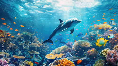 Underwater wildlife panorama Coral reef with wild dolphins and fishes © Kien