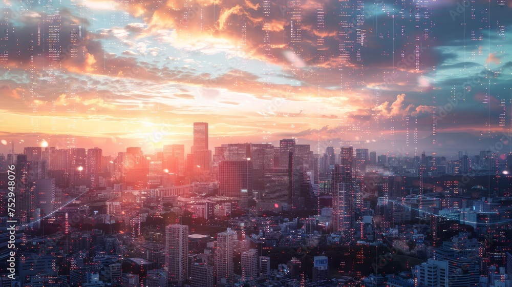 A futuristic city skyline at sunset with abstract digital elements overlay.