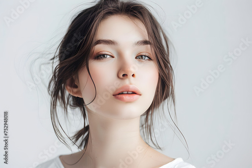 eautiful female face  cosmetology  clean face  model  clean face  neutral color  good skin  brunette  white clothes  portrait  white background  straight body  hair styled in a smooth hairstyle -