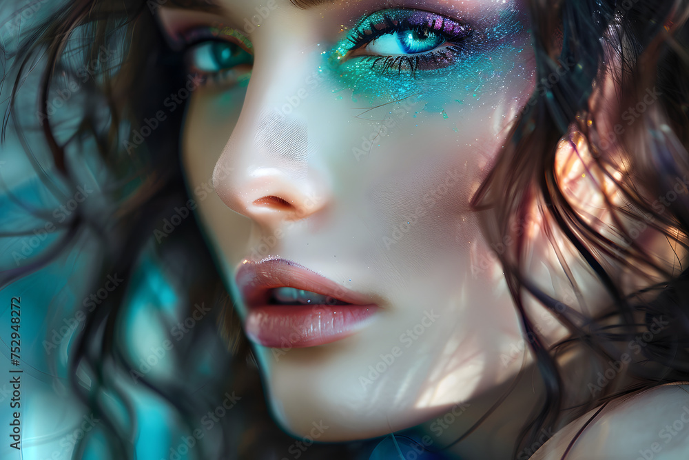 beautiful woman, aesthetic, alluring gaze, vibrant colors, creative makeup, fantasy background, portrait 