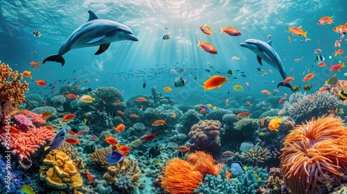 Underwater wildlife panorama Coral reef with wild dolphins and fishes