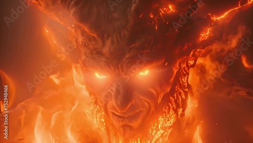 Devil or demon burning in fire. Animation of the appearance of a devil from the darkness or fire. Horror or religion scene. Burning in hell 4k video darkness photo