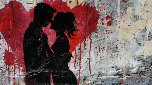 A romantic and dreamy street art piece capturing moments of love and affection.