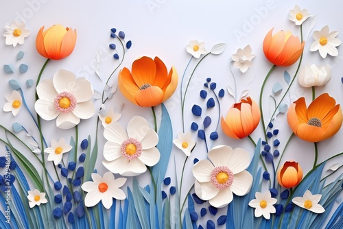 Blossom Elegance: Stylized Paper Art Tulips and Daisies - Generative AI