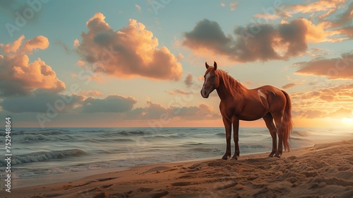 brown horse standing proudly on top of a sandy beach under a dramatic sky painted with shades of blue and orange,