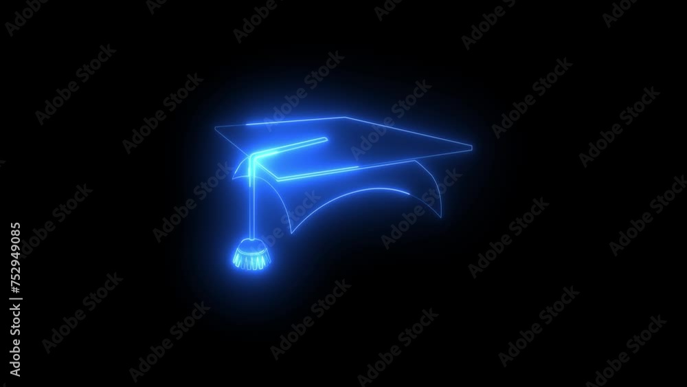 Neon glowing blue graduate cap icon animation in black background Neon glowing blue graduate cap icon animation in black background