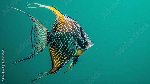 A majestic angelfish swimming gracefully in crystal-clear water, its intricate patterns highlighted against a solid emerald green background.