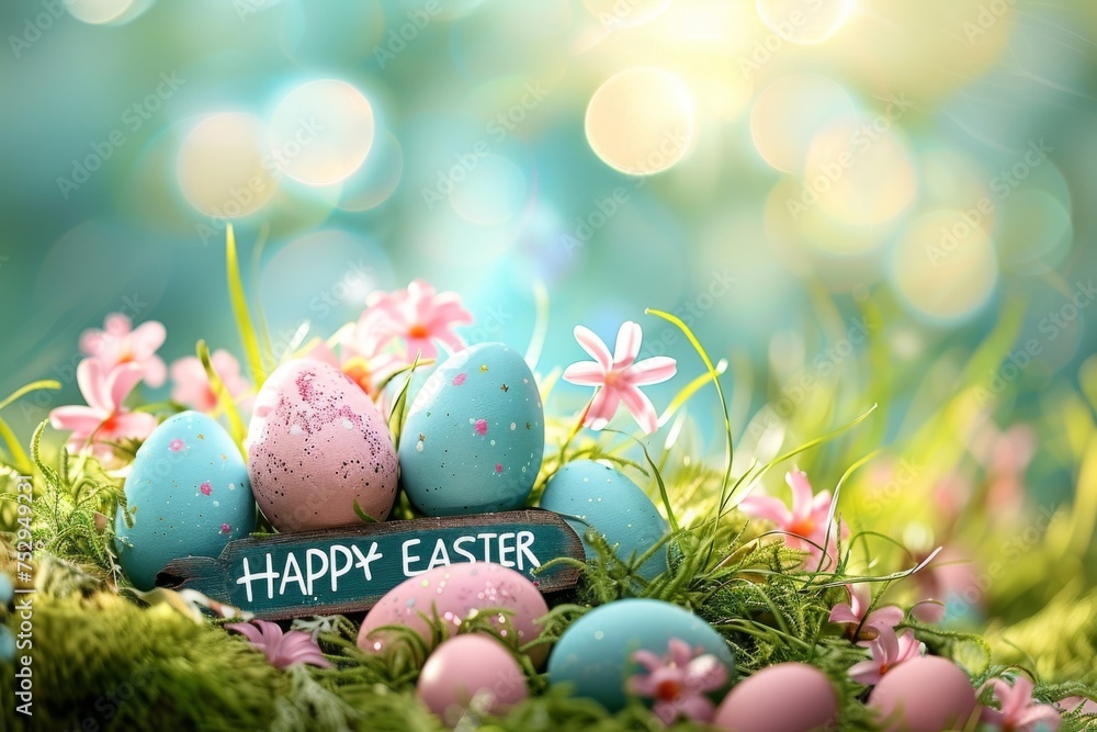 Colorful Easter Egg Basket Seasonal. Happy easter support card bunny. 3d easter grass hare rabbit illustration. Cute Turquoise Crystal festive card Invisible Easter Eggs copy space wallpaper backdrop