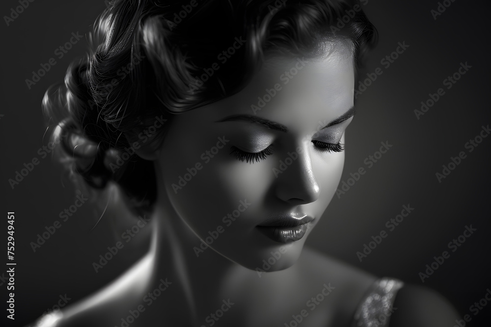 Fototapeta premium Portrait of a woman with a classic Hollywood glamour look, subtle monochrome tones, soft lighting, evoking a sense of nostalgia, timeless elegance, delicate features