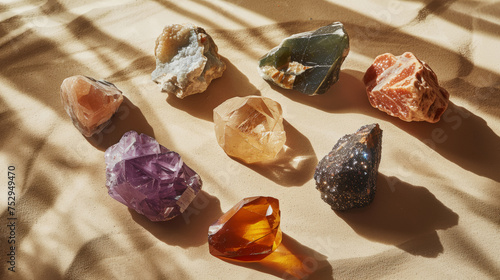 Top view of semi-precious stones, stones and minerals, quartz. Light background. Geological concept. Generative AI photo