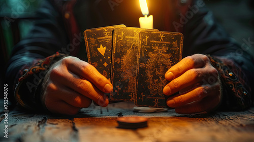 predicting future with tarot by old man, dark background with burning candle 