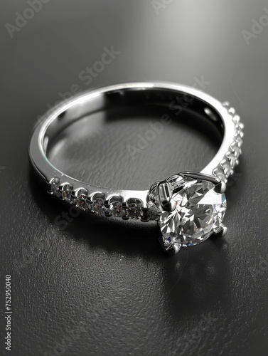 Silver diamond ring. Jewelry. Product shoot, macro shot, silver ring with diamond on shiny dark surface. Dark background. 
