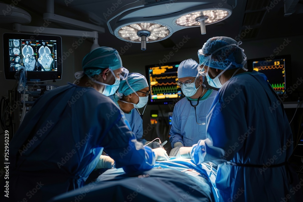 A team of focused surgeons operate in a well-equipped operating room with multiple monitors and medical equipment A team of focused surgeons operate in a well-equipped operating room with multiple monitors and medical equipment