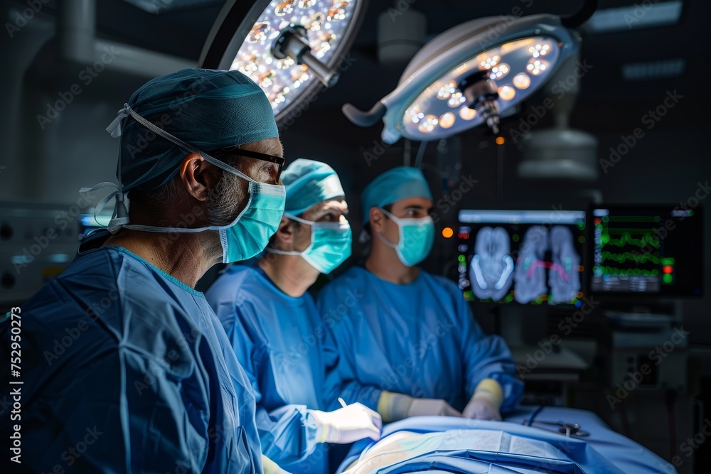 Surgeons and medical staff in scrubs focused on a patient during surgery under bright surgical lights Surgeons and medical staff in scrubs focused on a patient during surgery under bright surgical lights