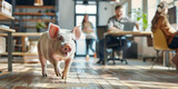 Schwein läuft durchs Büro und blickt in die Kamera