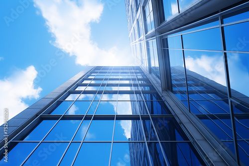 Office building with blue sky background, seen from below, 3d rendering