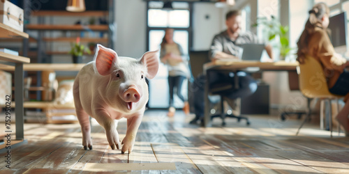 Schwein läuft durchs Büro und blickt in die Kamera photo