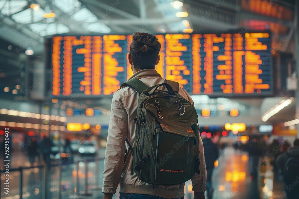A man with a backpack gazes at the flight information board in anticipation at an airport terminal A man with a backpack gazes at the flight information board in anticipation at an airport terminal