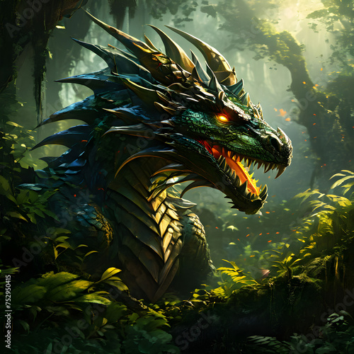 A green dragon with red eyes stands in a lush forest, surrounded by plants and trees. © saeed