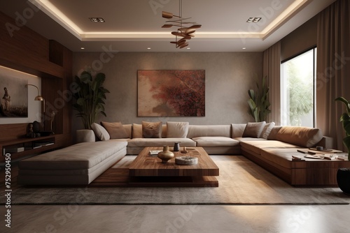 Stylish interior of living room in modern house.