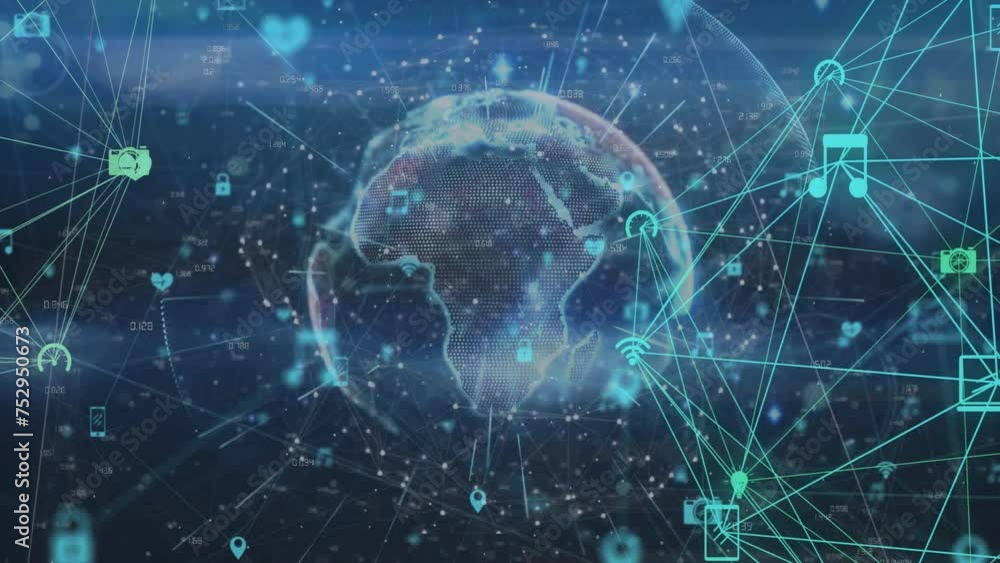 Animation of media network and connections over rotating globe on dark background Animation of media network and connections over rotating globe on dark background