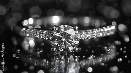Silver diamond ring. Jewelry. Product shoot, macro shot, silver ring with diamond on shiny dark surface. Dark background. 