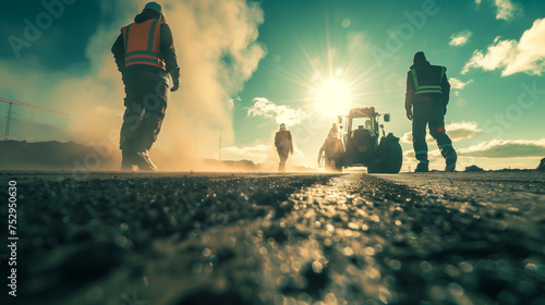Construction workers at a road work site with heavy machinery and rising dust. © henjon
