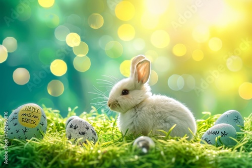 Fototapeta Colorful Easter Egg Basket Geometric. Happy easter Easter parade bunny. 3d Decorative hare rabbit illustration. Cute bursting with happiness festive card Easter egg art copy space wallpaper backdrop