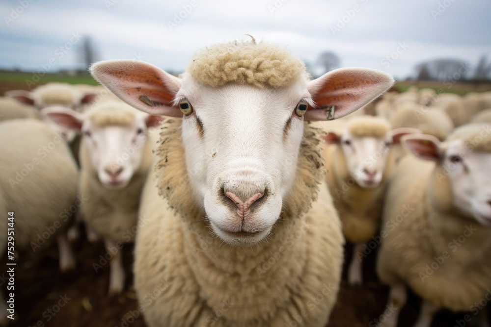 Curious Sheep Gazing Forward - A Moment Captured in the Heart of the Farm Generative AI Curious Sheep Gazing Forward - A Moment Captured in the Heart of the Farm Generative AI