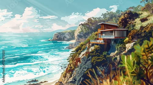 Australian dream homes perched on rugged coastal cliffs, overlooking the vast expanse of the ocean © malik