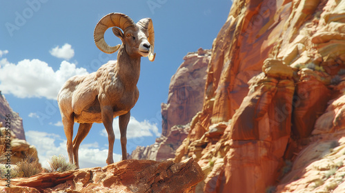 A majestic desert bighorn sheep standing proudly on a cliff against a desert backdrop. photo