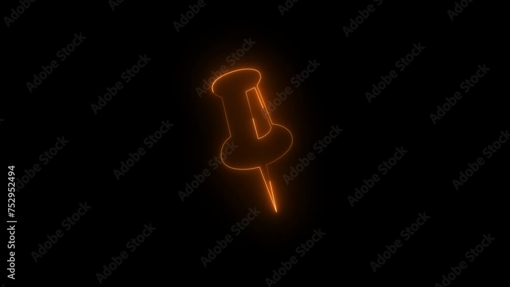 Neon glowing brown drawing pin icon animation in black background