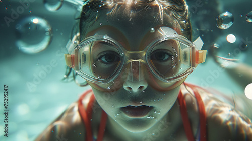 Young child underwater wearing goggles with bubbles around, exploring.