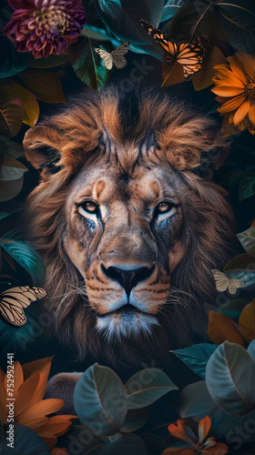 Portrait of a regal lion surrounded by rich jungle flora and fauna.