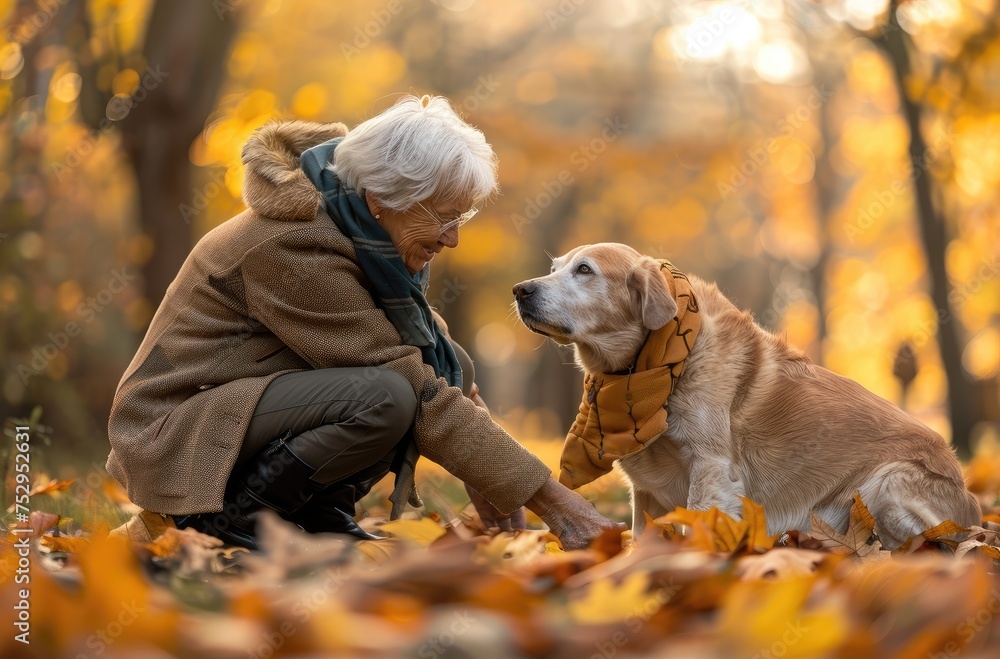 Serene Autumn Moments: Elderly Lady and Her Loyal Dog in Harmony - Generative AI