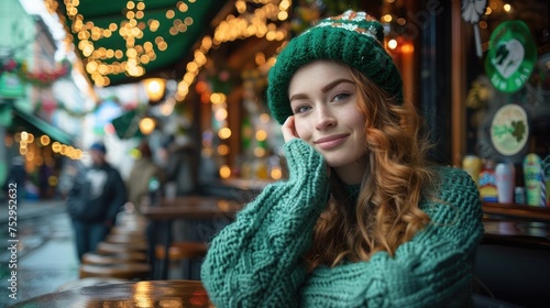 portrait of a young woman in a saint patrick's day celebrating st patrick in an irish pub