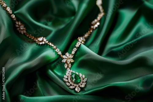 Spectacular diamond and emerald necklace on a green satin fabric