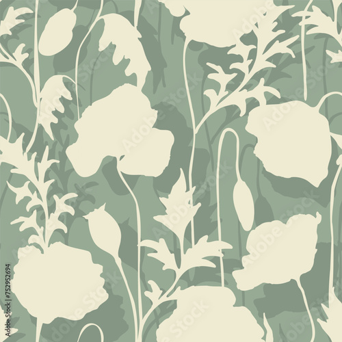 Floral seamless pattern with flat poppies silhouettes and shadows. Light blooming flowers, leaves and buds on green background. Botanical print for wallpapers and bedroom and fashion textile.