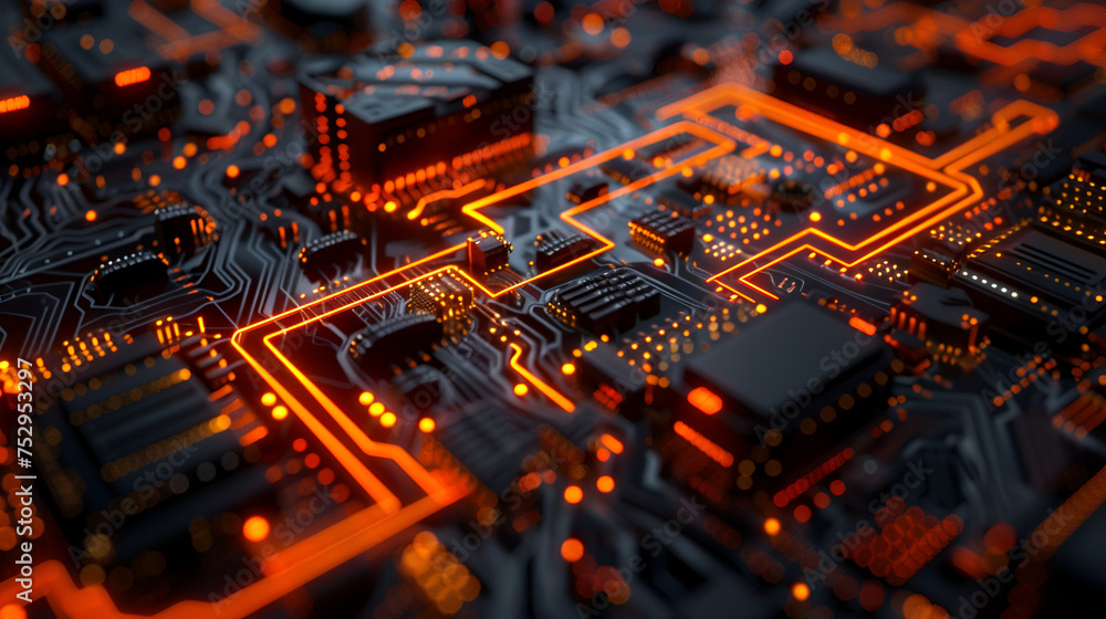 Abstract Representation of a Quantum Computer,Circuit board with running data by a glowing lines
