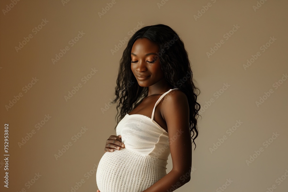 A pregnant woman is wearing a white dress and standing in front of a wall A pregnant woman is wearing a white dress and standing in front of a wall
