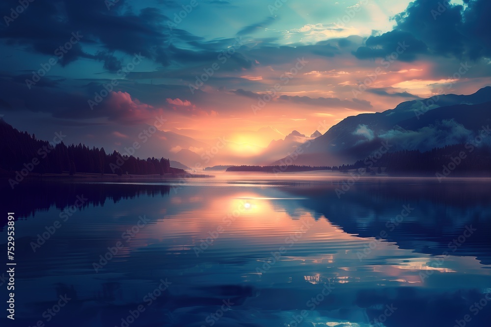 A beautiful sunset over a lake with mountains in the background A beautiful sunset over a lake with mountains in the background