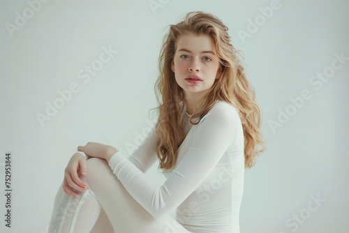 A woman in a white dress is sitting on the floor