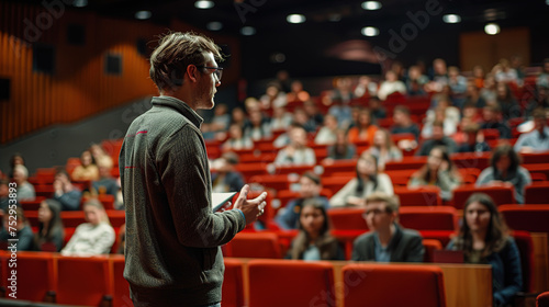 The teacher speaks to the Students in a modern classroom. The concept of education.