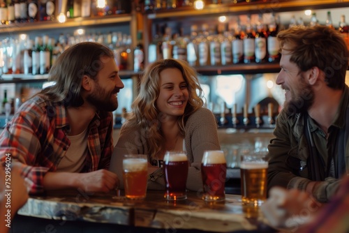 Three people are sitting at a bar  laughing and enjoying their drinks
