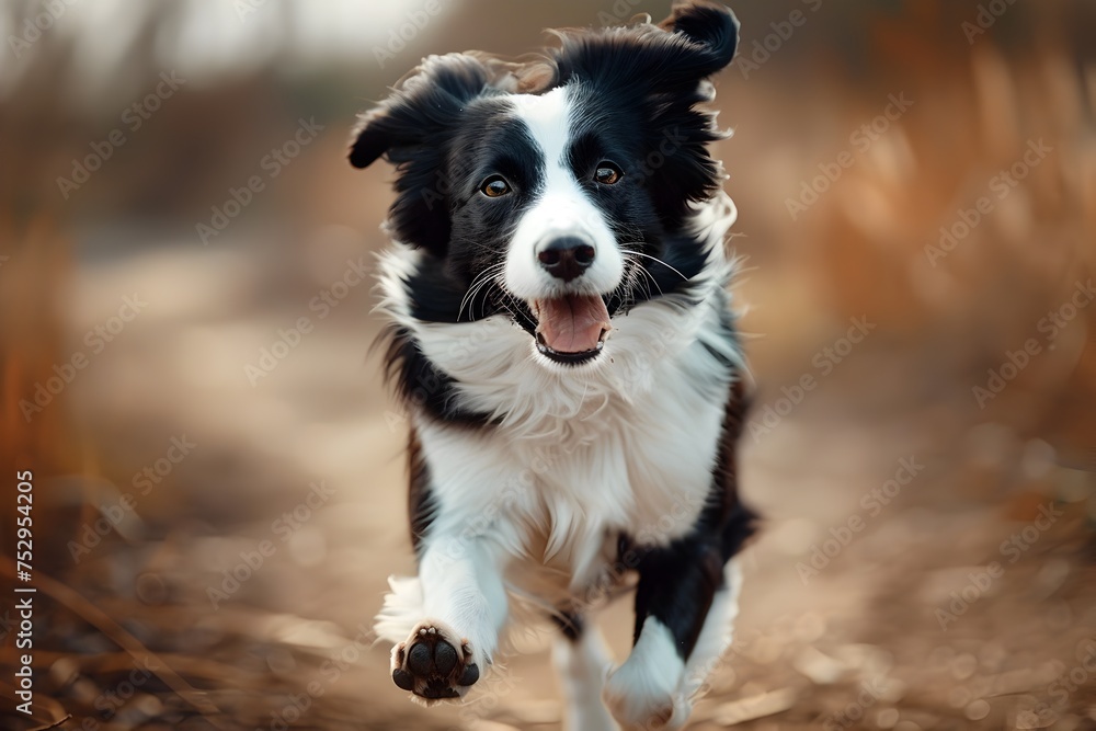 Black and White Border Collie Running in the Woods