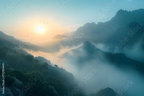 Misty Mountain Range Under the Morning Sun