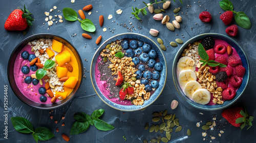 Three colorful smoothie bowls topped with a variety of fresh fruits, nuts, seeds, and granola arranged on a dark textured background, depicting a healthy and nutritious breakfast or snack option.